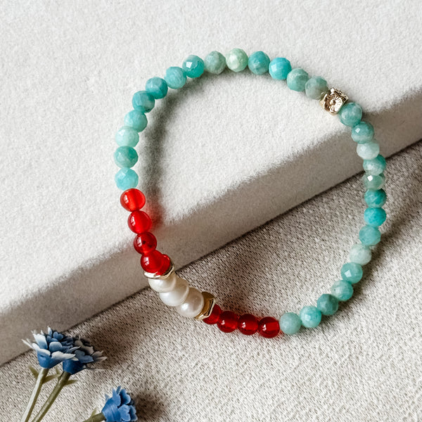 Natural Amazonite Gemstone | Red Agate | Freshwater Pearls Bracelet