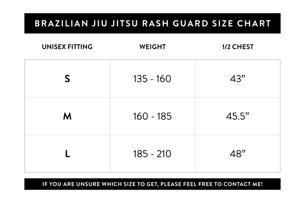 Brazilian Jiu Jitsu Rashguard Size Chart