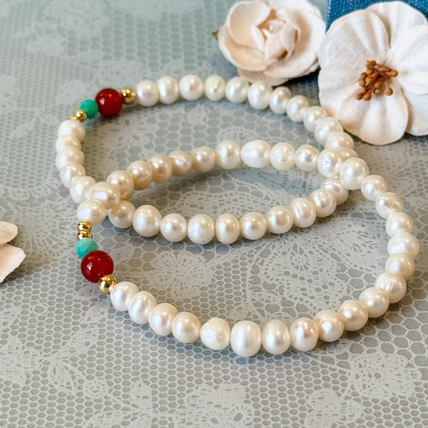 Dainty Pearl Bracelet | Nanhong Agate & Amazonite Accents