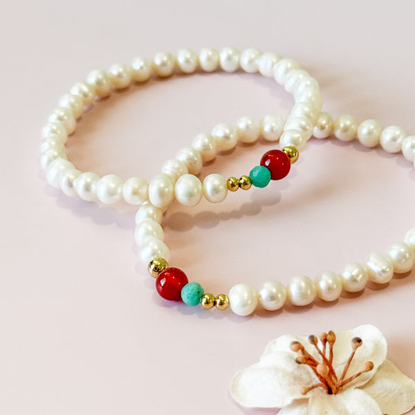 Dainty Pearl Bracelet | Nanhong Agate & Amazonite Accents