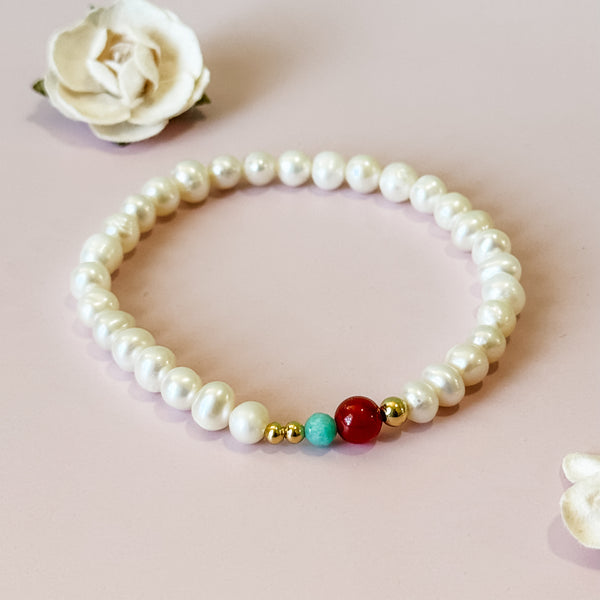 Dainty Pearl Bracelet | Nanhong Agate & Amazonite Accents