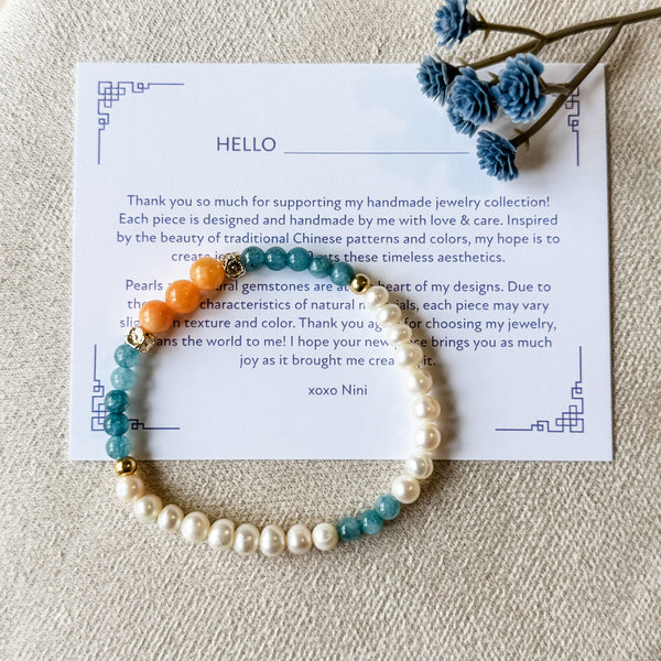 Mi Lan | 蜜澜 | Beewax Jade | Blue Chalcedony | Freshwater Pearls Bracelet