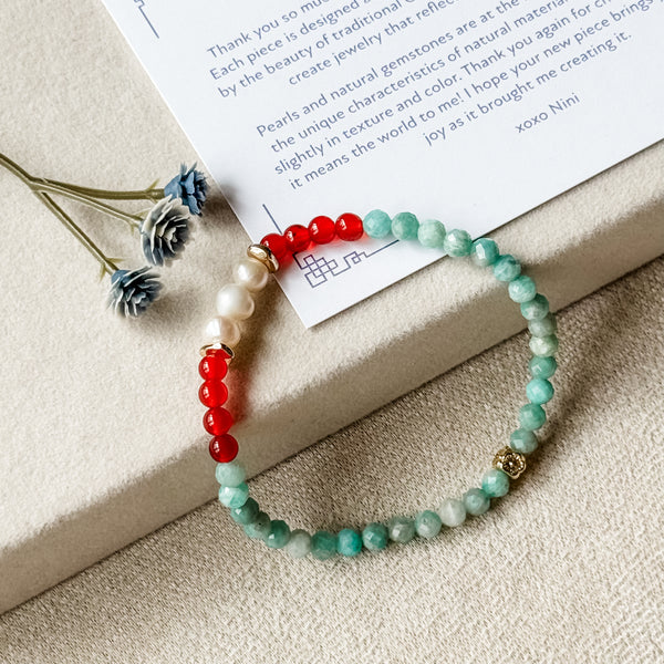 Qing Yan | 青炎 | Natural Amazonite Gemstone | Red Agate | Freshwater Pearls Bracelet