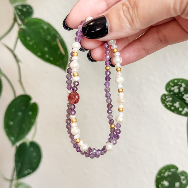 Zi Xi | 紫曦 | Amethyst | Strawberry Quartz | Freshwater Pearls Bracelet