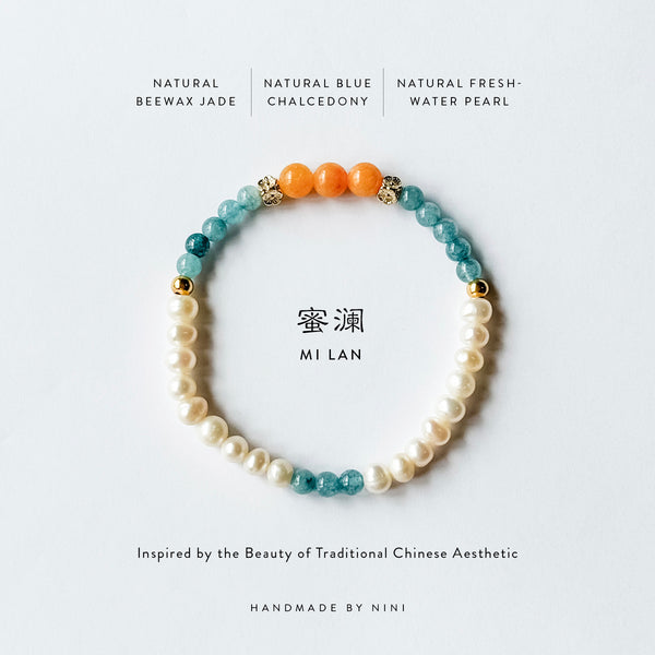 Mi Lan | 蜜澜 | Beewax Jade | Blue Chalcedony | Freshwater Pearls Bracelet