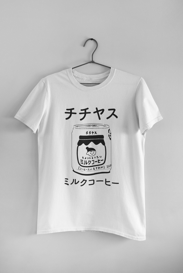 Chichiyasu Milk Coffee graphic tee inspired by the delicious Japanese coffee drink. Cute graphic tee with black design on a white short-sleeve t-shirt. Cute Japanese graphic tee with Japanese characters and an illustrated design of Chichiyasu Milk Coffee. A cute simple shirt for men or women.