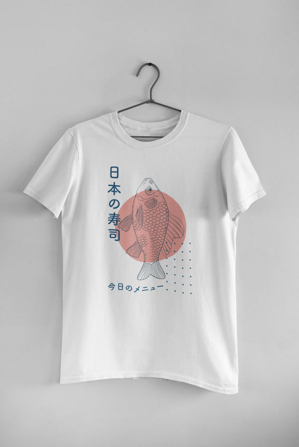 A simple and stylish graphic tee that features a fish and Japanese characters. A cute Japanese shirt that has a unique and stylish graphic design. A navy design with a pink accent on a white t-shirt.