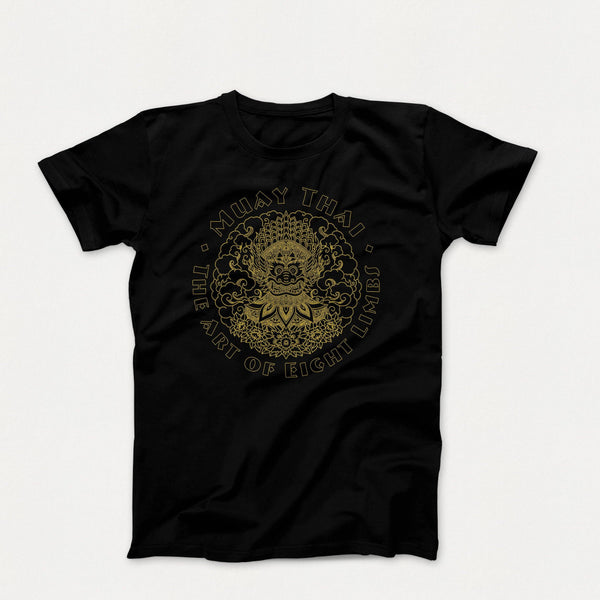 Hanuman Muay Thai - Art of Eight Limbs T-Shirt. Intricate gold graphic on a black tee with text around it reading: Muay Thai - The Art of Eight Limbs. Cool graphic t-shirts for men and women, especially martial arts enthusiasts. A great gift for those who train Muay Thai.