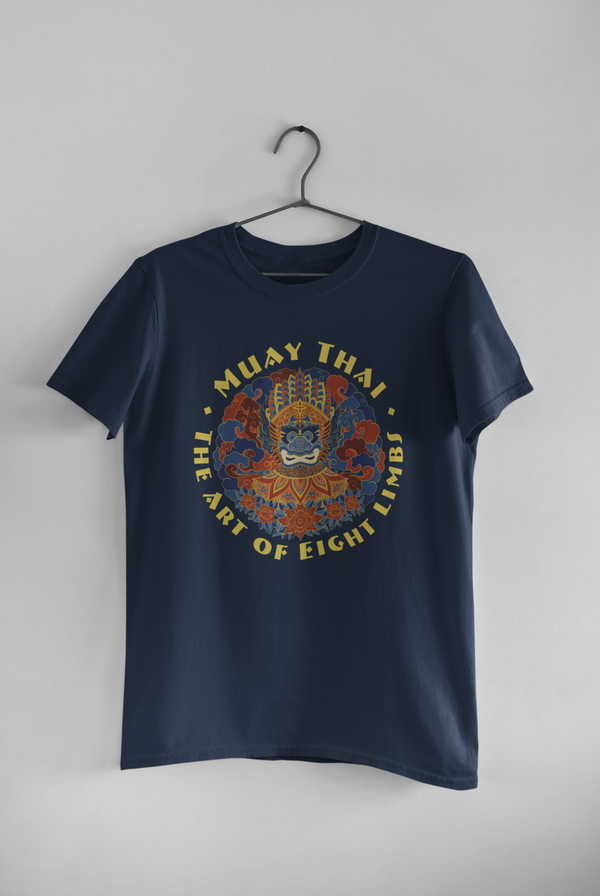 Hanuman Muay Thai - Art of Eight Limbs T-Shirt. Colorful and intricate graphic on a navy tee with text around it reading: Muay Thai - The Art of Eight Limbs. Cool graphic t-shirts for men and women, especially martial arts enthusiasts. A great gift for those who train Muay Thai.