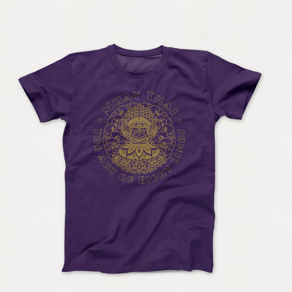 Hanuman Muay Thai - Art of Eight Limbs T-Shirt. Intricate gold graphic on a purple tee with text around it reading: Muay Thai - The Art of Eight Limbs. Cool graphic t-shirts for men and women, especially martial arts enthusiasts. A great gift for those who train Muay Thai.